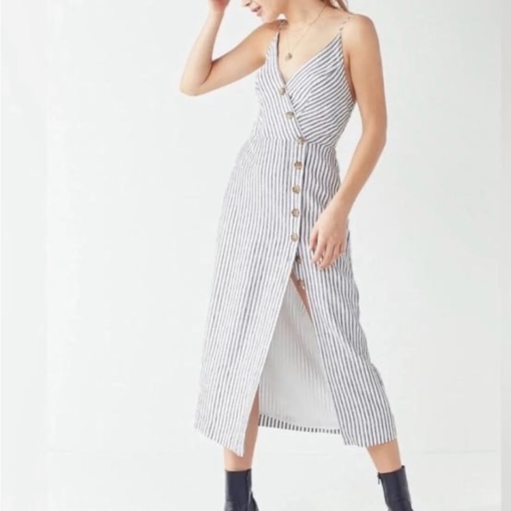 Urban Outfitters Amber Stripped Linen Blend Button Front Midi Dress